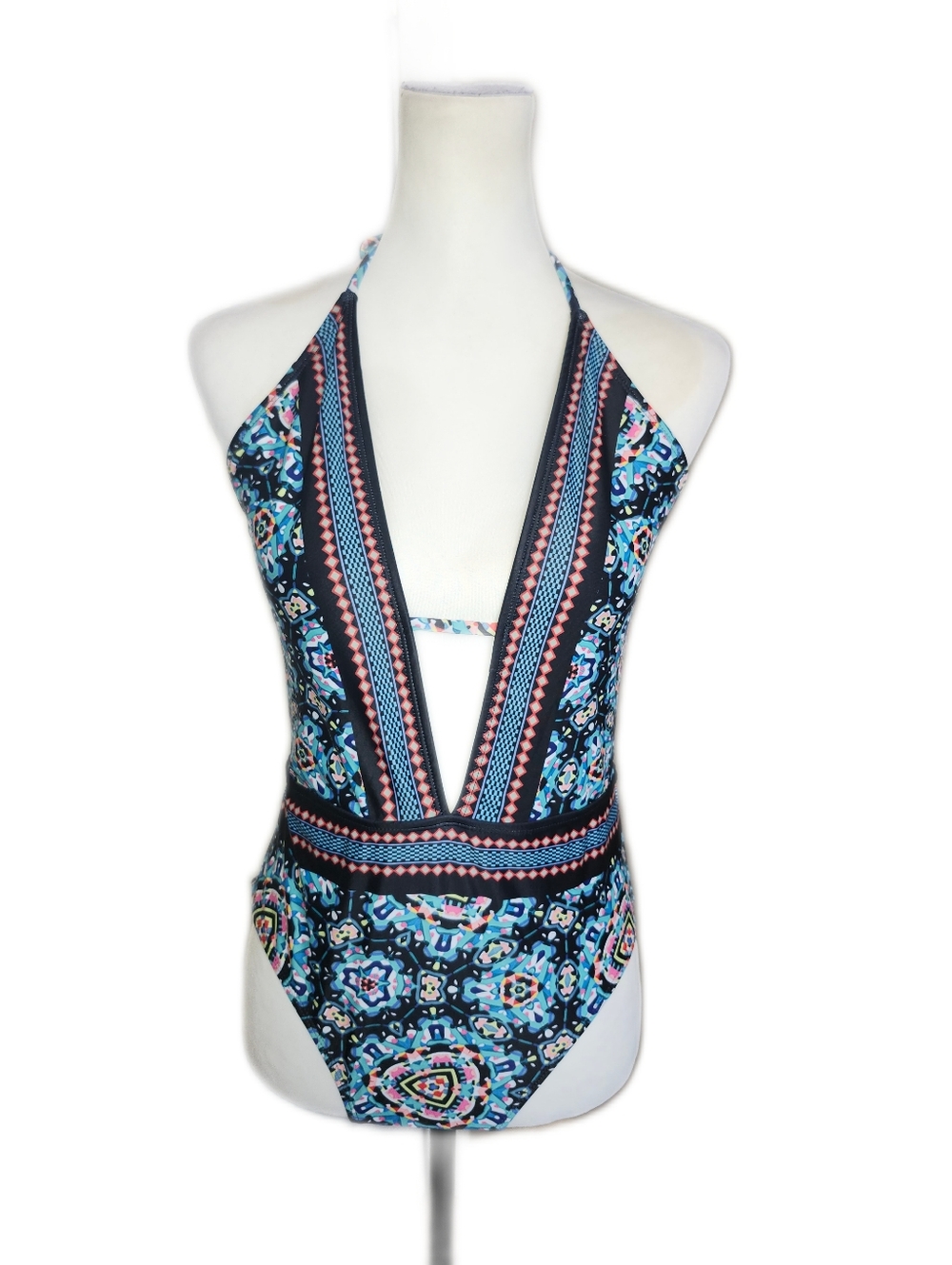 Multicolor Deep Plunge V-neck 1-piece Swimsuit, Medium - Picture 2 of 7
